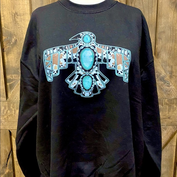 Gildan Tops - NWOT Black Cow Print and Turquoise Thunderbird Sweatshirt Sz L